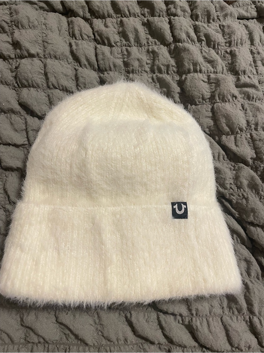 True Religion Cream Fuzzy Knit Beanie